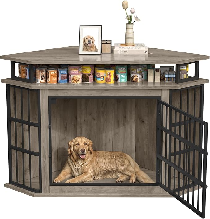 Corner Dog Crate Furniture with 2-Tier Shelves，51" Large Dog Kennel Indoor Wooden TV Stand, Modern Dog Cage Decorative Pet House