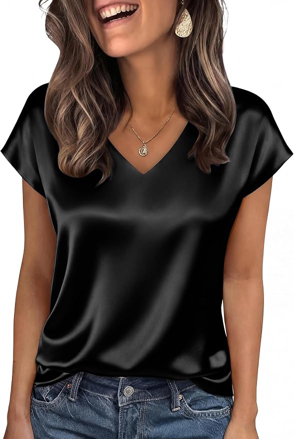 WIHOLL Womens Satin Summer Tops Cap Short Sleeve Blouses V Neck Shirts Business Casual Outfits Fashion Clothing 2026