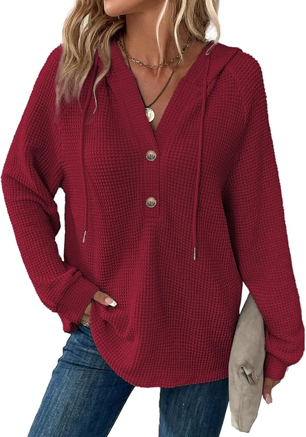 Dokotoo Hoodies for Women Waffle Knit Long Sleeve Drawstring Button V Neck Casual Sweatshirt Hooded Tops Fashion Clothing