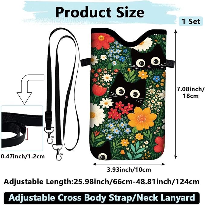 Cat Phone Pouch with Adjustable Strap Neck Lanyard Fits Most Smartphones 7.1 x 3.9 Inch Phone Crossbody Sleeve Black Cat Flower Pattern Neoprene Nylon Cellphone Carrying Case for Women Men