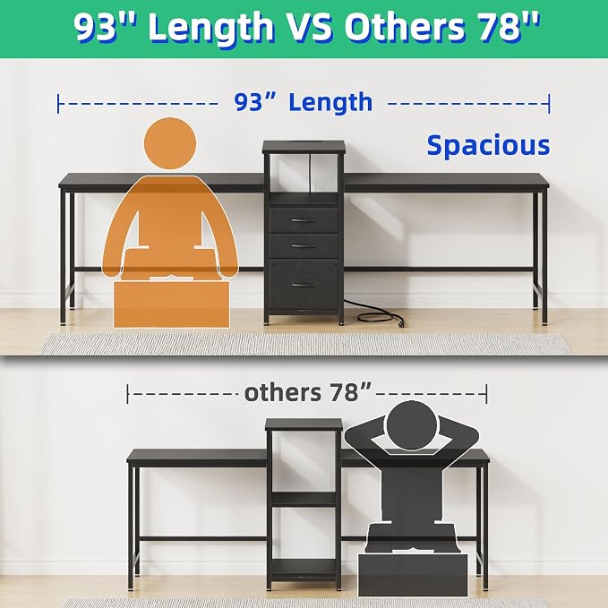 GYIIYUO 93'' Two Person Desk with Charging Station, Long Desk with 3 Drawer | Double Computer Desk with Printer Shelf, 2 Person Writing Study Table Workstation for Home Office, Black