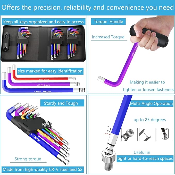 27 PCS Hex Key Set, Color-Coded, Chrome Vanadium Steel, Ideal for DIY Repairs of Bikes, Furniture, Electronics, Machinery, Cars, Motorcycles and Toys