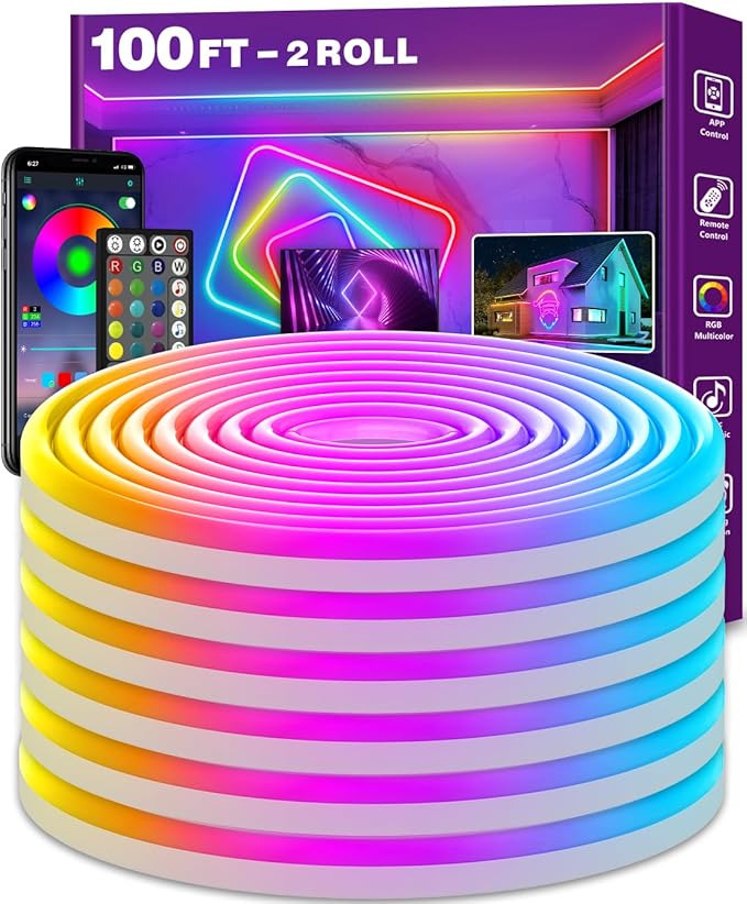 100Ft Neon Rope Lights,Flexible Led Rope Lights Control with App/Remote,Multiple Modes Rope Lights,IP65 Outdoor RGB Led Neon Lights Waterproof,Music Sync Gaming Led Neon Light Strip for Bedroom Decor