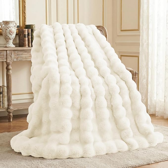 L'AGRATY Faux Rabbit Fur Throw Blanket for Couch, 90'' x 90'', Cream White | Soft Cozy Bubble Fluffy Blanket for Sofa Bed, Thick Warm Plush Fuzzy Throw for Room Home Decor, Luxury Gift for Women Mom