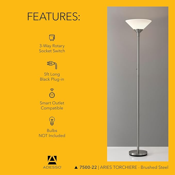 Adesso Brushed Steel Torchiere Floor Lamp with Frosted White Shade - 300W Double Socket Construction, Modern Accent Lighting for Bedroom, Living Room, or Home Office, 73” Tall