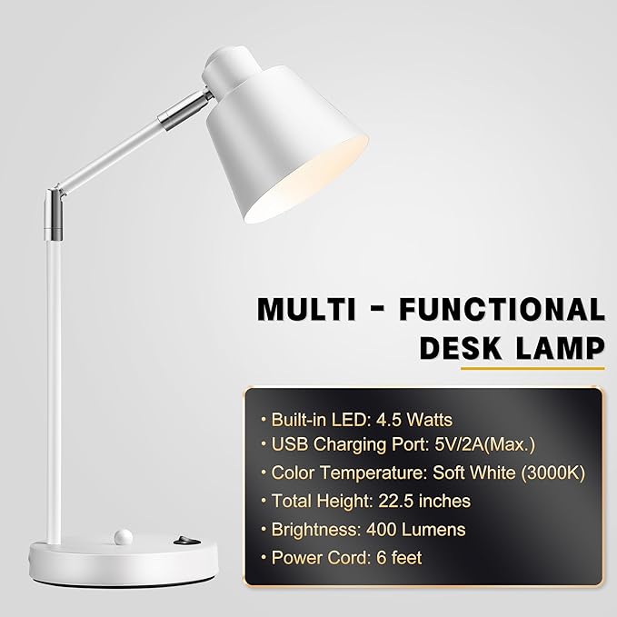 LED Desk Lamp with Dual USB Charging Ports, 100% Metal, 270° Swivel Arms, Soft White Light (3000K), Bedside Reading Lamp, Home Office Lamp(White)