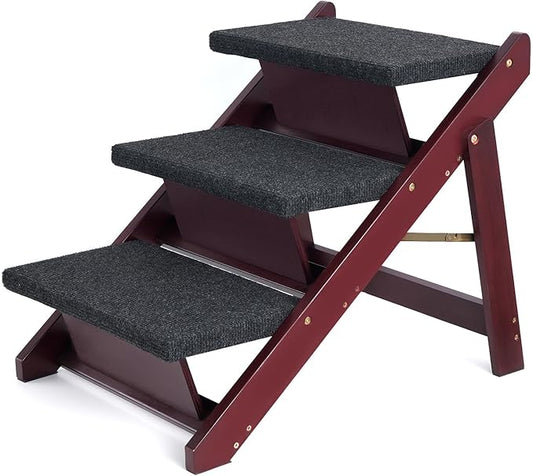 BRIKY Wooden Dog Stairs/Steps 19.5”H - Foldable 3 Steps Dog Steps for High Bed Couch Cars, Non-Slip Pet Stairs for Small Large Medium Dogs and Cats, No Assembly Required