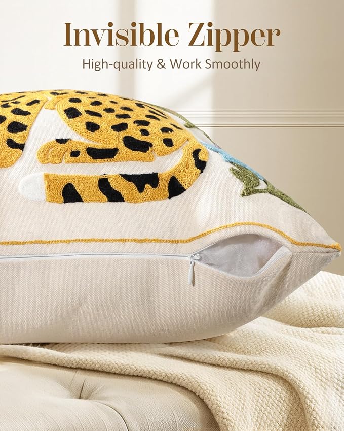 Animal Embroidered Throw Pillow Cover 20x20 Inch, Leopard Floral | Decorative Pillow Cover, Boho Cushion Cases with Hidden Zipper, Fall Decor for Couch, Sofa, Living Room, Bedroom