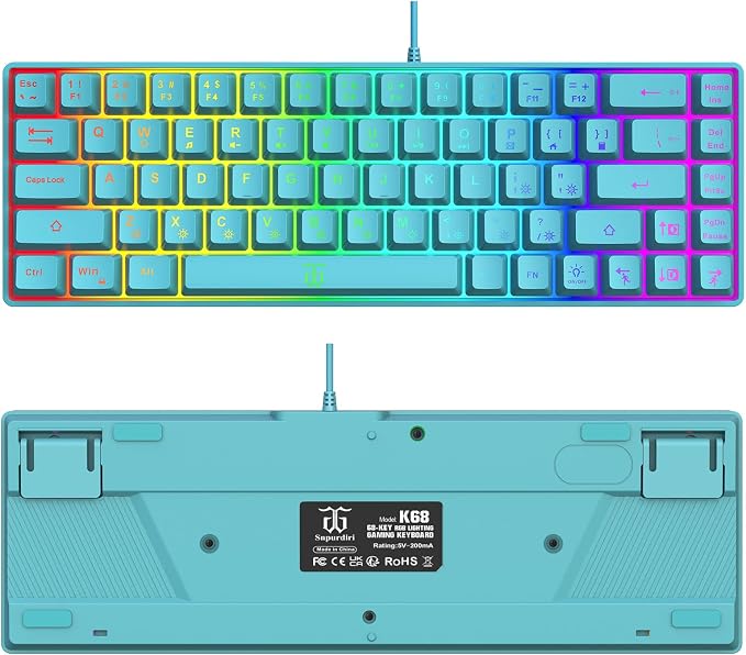 Snpurdiri 65% Membrane Gaming Keyboard, RGB (68 Keys,Blue) | Compact Wired Small Gaming Keyboard for PC/Mac Gamer, Typist, Travel, Easy to Carry on Business Trip