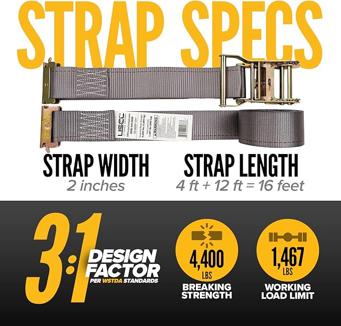 US Cargo Control E Track Straps 2" x 16' (10-Pack), 4,400 LBS Break Strength, Gray Heavy Duty E Track Ratchet Straps with 4' Fixed End and Spring E-Fittings, Logistic Tiedowns for Box Trucks, Vans