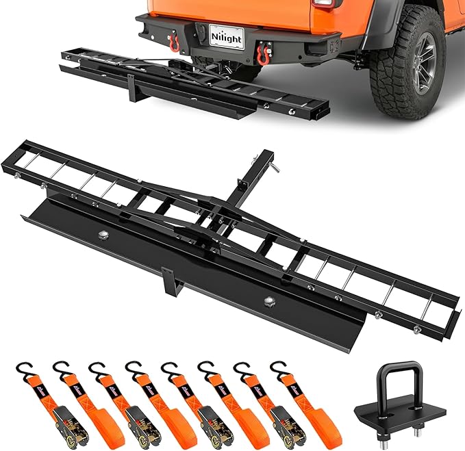 Nilight Motorcycle Hitch Carrier 600LBS, Heavy Duty Dirt Bike Hitch Hauler with 55.11" Longer Ramp, Pin, Tie-Down Strap and Tightener, 2" Receiver, 5" Wide Tire