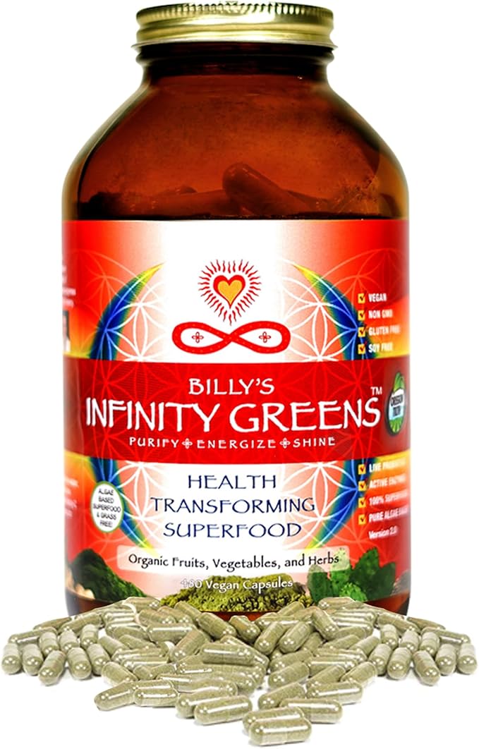 Superfood Capsules, Blue Green Algae Based Capsules with 28 Organic Superfoods, No Fillers or Grasses, Energy & Longevity, Low Temp Dehydrated Greens (34 Servings)