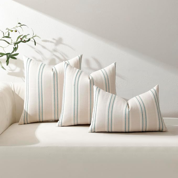 Hckot Stripe Throw Pillow Covers 20x20 Set of 2 Teal Blue Pillow Covers | Farmhouse Decorative Pillows Textured Linen Square Cushion Covers for Sofa Couch Bed Living Room Decor