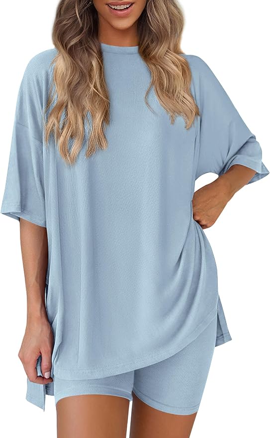 PRETTYGARDEN Women 2 Piece Lounge Set 2026 Summer Casual Oversized Shirts Biker Shorts Matching Airport Travel Outfit Clothes