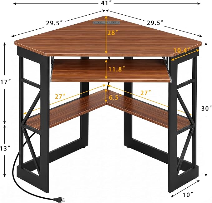 VECELO Corner Desk, Triangle Computer Desk for Small Space with Charging Station and Keyboard Tray, Corner Makeup Table with Storage Shelves for Home Office Bedroom, 41x30, Teak Brown