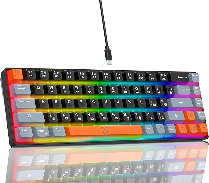 Snpurdiri 60% Percent Gaming Keyboard (68 Keys, Black-Grey-Orange) | Compact RGB Backlit Small Gaming Keyboard for Windows, PC, Laptop