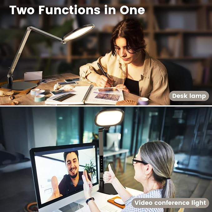 LitONES 2 Packs Desk Lamp for Home Office Zoom Video Calls-Black | 15W LED Desk Ring Light with CRI 97.8 Memory & Timer Function, 1200LM Dimmable Computer Light for Conference, Reading, Study