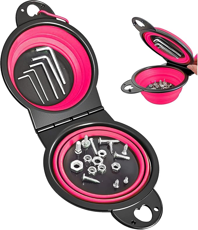 Collapsible Magnetic Parts Tray Set, New Upgraded Version Magnetic Trays, Integrated 5.1" Round Dual Silicone Bowls, Multi-Use Nuts And Bolts Organizer, Bonus Hook for On-the-Go Carry (magenta2.0)