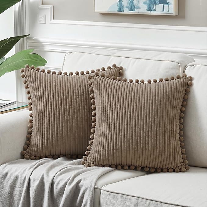 Fancy Homi Set of 2 Light Brown Euro Decorative Throw Pillow Covers 26x26 Inch with Pom-poms, Boho Soft Corduroy Solid Square Cushion Case for Couch Sofa Bedroom Car Living Room 66x66 cm