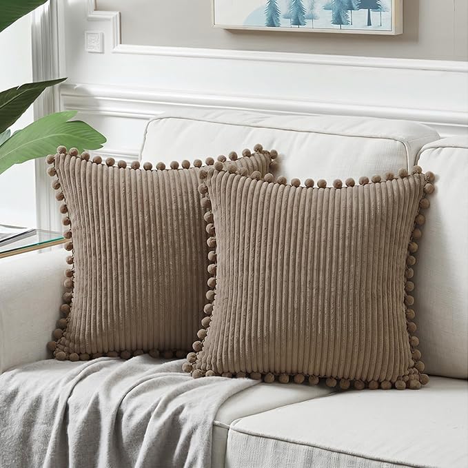 Fancy Homi Set of 2 Light Brown Decorative Throw Pillow Covers 18x18 Inch with Pom-poms, Soft Corduroy Solid Square Cushion Cases Set for Couch Sofa Bedroom Car Living Room 45x45 cm