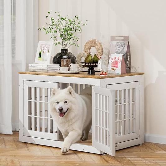 42" Heavy Duty Dog Crate Furniture for Small,Medium and Large Dogs,Rustic Wooden Dog Cage Kennel Indoor Furniture with Waterproof Top,Decorative Pet House Side End Table (White & Wood)