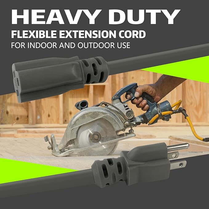 Indoor Outdoor Extension Cord, 12 Gauge 3 Prong Weatherproof Heavy Duty Gray Extension Cords, 12/3 SJTW 15A 15 FT Extension Cable for Garage, Garden and Home, UL Listed