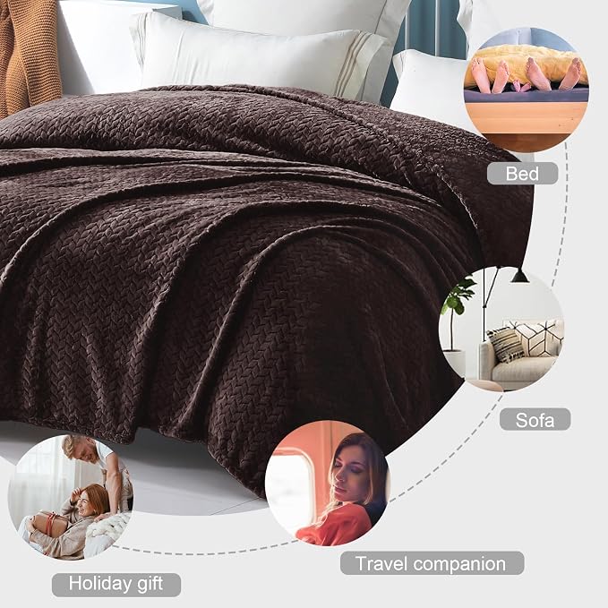 Exclusivo Mezcla Soft Fleece Bed Blanket Queen Size, 90”x90”, Coffee | Cozy Fluffy Lightweight Blankets for Summer, Decorative Plush Flannel Throws for Living room, Bedroom with Leaves Pattern