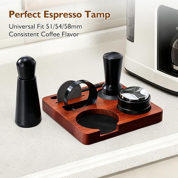 Espresso Accessories Kit 51mm, 7-Pcs Espresso Coffee Tamper Tool Set with Wooden Tamping Station, WDT Tool, Coffee Distributor, Dosing Funnel, Brush & Puck Screen for Home Barista