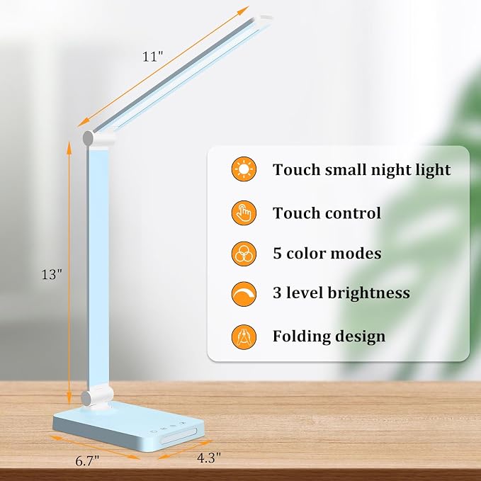LED Desk Lamp with USB Ports,Touch Desk Lamps for Home Office with 5 Modes | 3 Brightness Desk Light with Small Night Light,Reading Lamp Table Lamp for Bedroom Bedside Study Blue （with adapter）