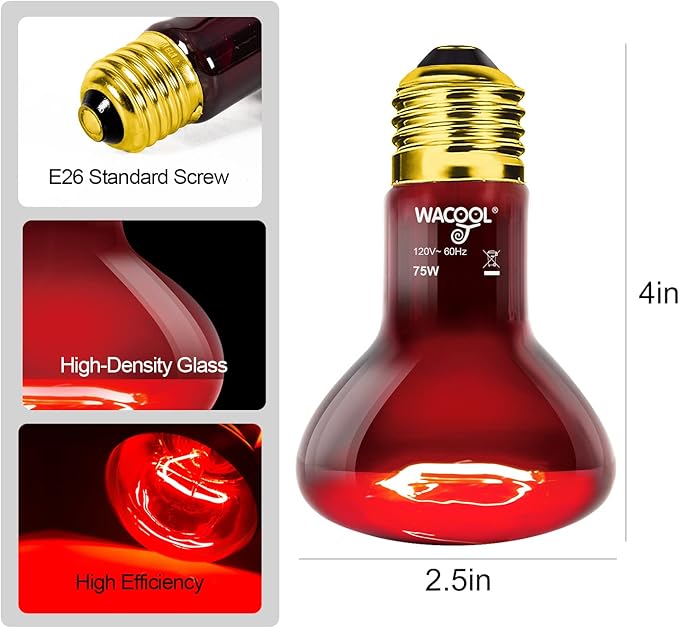WACOOL 2 Pack Reptile Heat Lamp Bulbs,75W Infrared Basking Spot Light for Reptiles & Amphibians, Red Heat Lamp Bulb for Bearded Dragon Gecko Turtle Lizard