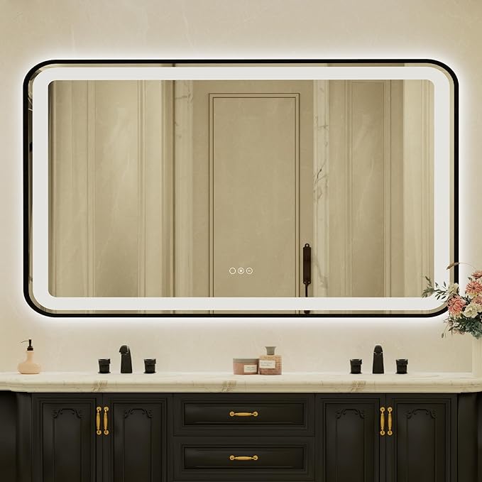 36x60 Inch LED Bathroom Mirror with Black Frame,Front and Backlit Vanity Mirror, Stepless Dimmable Wall Mirrors with Anti-Fog, 3 Colors, Memory, Waterproof, LED Smart Bathroom Mirror