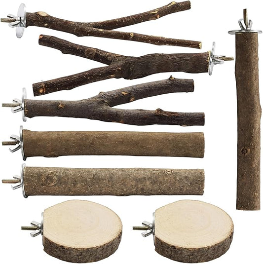 8PCS Bird Perch Natural Wooden Parrot Parakeet Toy Stand Branches Bird Cage Accessories Fork Toys Hanging Multi-Branch Perches Platform Hammock Swing Toy for Parakeets Cockatiel Conure