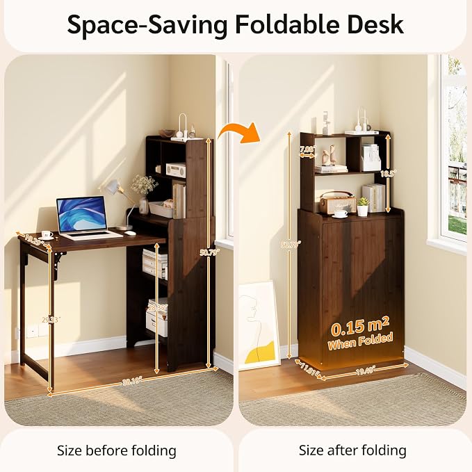 Bamboo Folding Desk with Bookshelf, Foldable Desk for Small Spaces, Brown | Space-Saving Computer Desk with Storage, Compact Size, Writing Study Table for Home Office, Bedroom, Dorm, Apartment