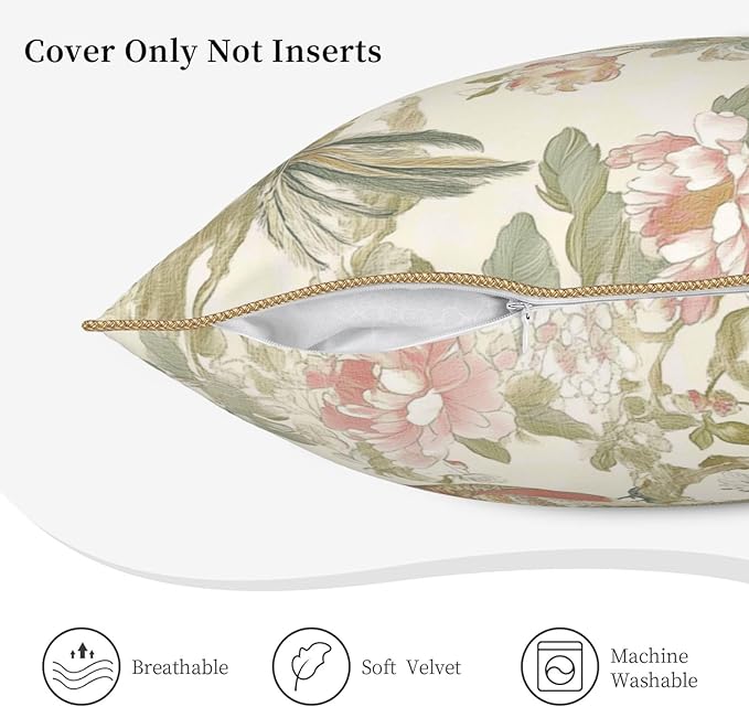 Vintage Bird Floral Velvet Pillow Covers 16x16 Inch Chinoiserie Flowers Leaves Throw Pillows for Couch Farmhouse Cushion Covers Pillowcase Light Green Leaf Pillow Cases for Sofa Bed Outdoor Decor