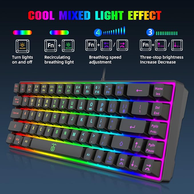 Snpurdiri 60% Wired Gaming Keyboard, 68 Keys, Black | Rainbow Backlit Mini Membrane Gaming Keyboard for Windows PC Gamers
