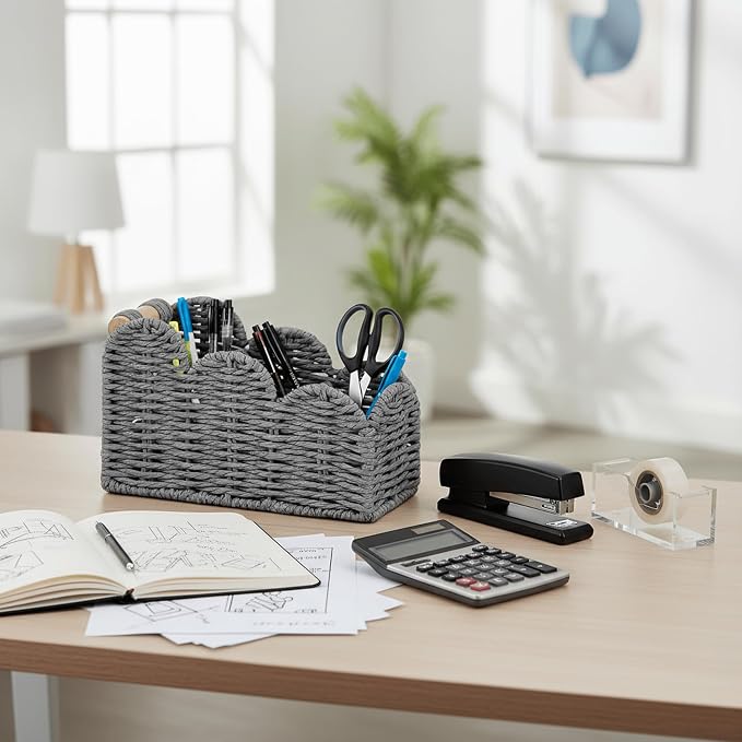 CubesLand Bedside Table Desk Organizer Caddy, Remote Pen&Pencil Holder Cup | Makeup Brush Holder w/Scalloped Perfect for Home, Office Desk, Living Room Table Decor, 3 Slots Grey