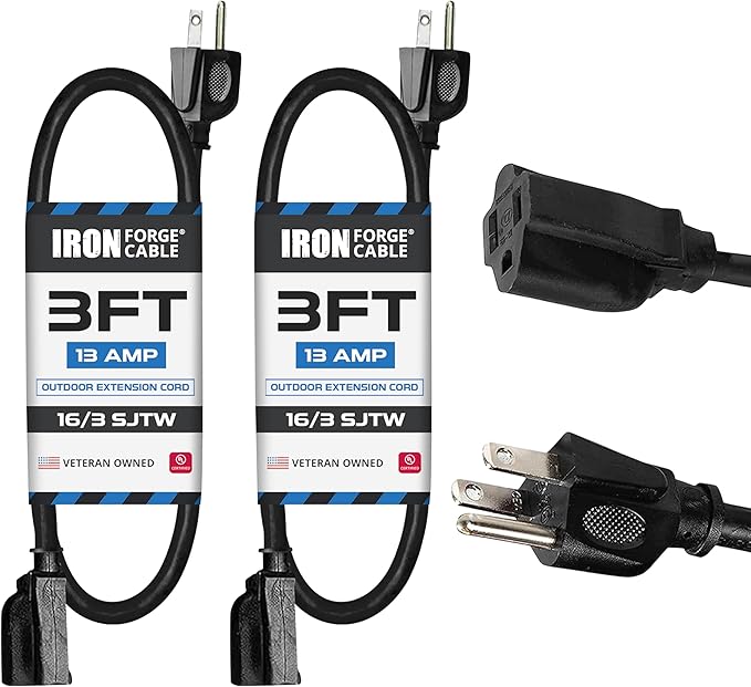 Iron Forge Cable 2 Pack 3 Ft Black Extension Cord, 16/3, 3 Foot Extension Cord, 3 Prong, Weatherproof - Great for Outside Use