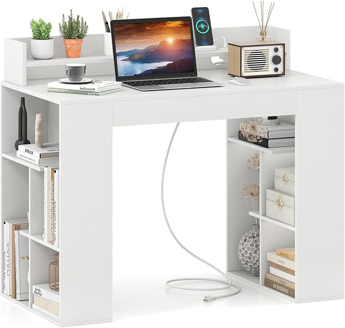Giantex White Desk with Storage Shelves, 43" Home Office Computer Desk with Charging Station, Dual 3 Tier Bookshelf & Monitor Stand, PC Table Workstation, Modern Study Writing Desk for Bedroom, Dorm