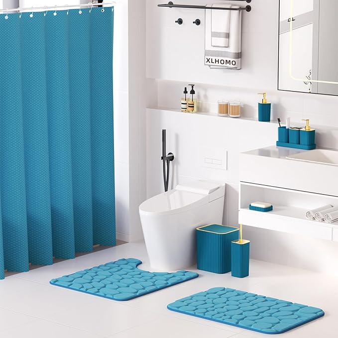 XLHOMO Bathroom Accessory Set - 25PC Teal Bathroom Set, Bathroom Set with Shower Curtain and Rugs, Bathroom Accessories Set, Shower Curtain Set, Trash Can & Soap Dispenser