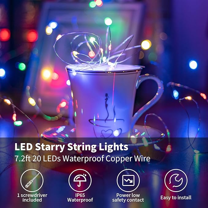 TingMiao Multicolor Fairy String Lights Battery Operated Fairy Lights Firefly Lights LED Starry String Lights 7.2ft 20 LEDs Silvery Copper Wire for Christmas DIY Decoration Wedding Party (6 Pack)