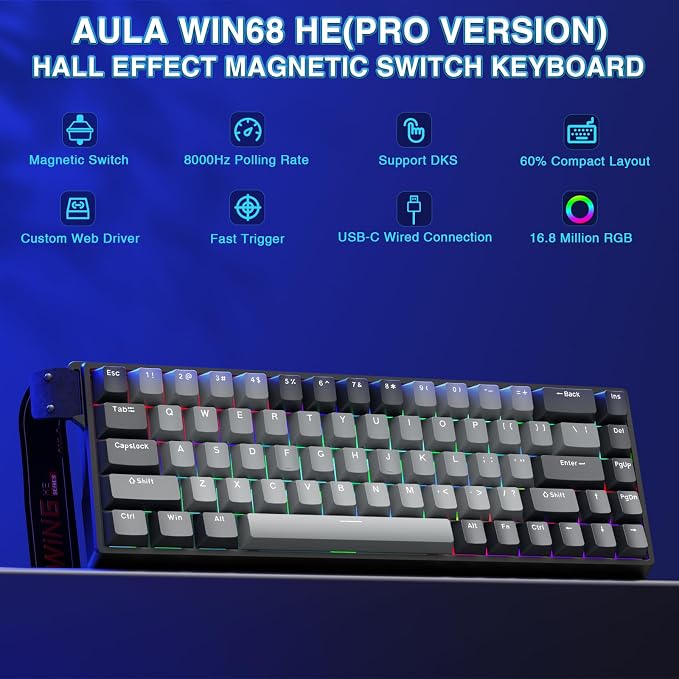 AULA WIN68 HE PRO - Hall Effect Gaming Keyboard with Magnetic Switch, Fast Trigger Mode Adjustable Actuation, 8KHz Polling Rate, Wired RGB Backlit Mechanical Gaming Keyboard 60 Percent Compact Design