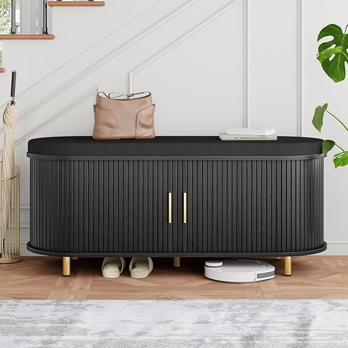Entryway Bench with Storage: 43.31" Wooden Bedroom Shoe Bench with Thickened Padded Seat Cushion, Mid Century Modern Fluted Sliding Door and Adjustable Shelf, for Entryway, Living Room