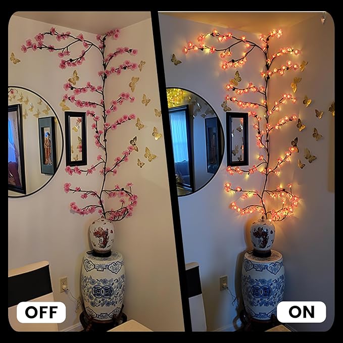 LED Tree Branch Lights for Wall 3.94 FT 48LEDs Cherry Blossom Lights with Remote and 8 Lighting Modes Cherry Blossom Garland Willow Vine Light for Bedroom Indoor Wall Wedding Christmas Decor