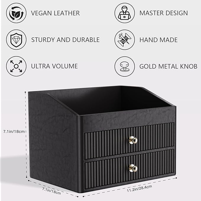 Office Supplies,Black Vegan Leather Office Organization with 2 Drawers & Tray,Glasses Holder with Gold-Tone Metal Accents Knob for End Tables,Bedside Table,Bedroom