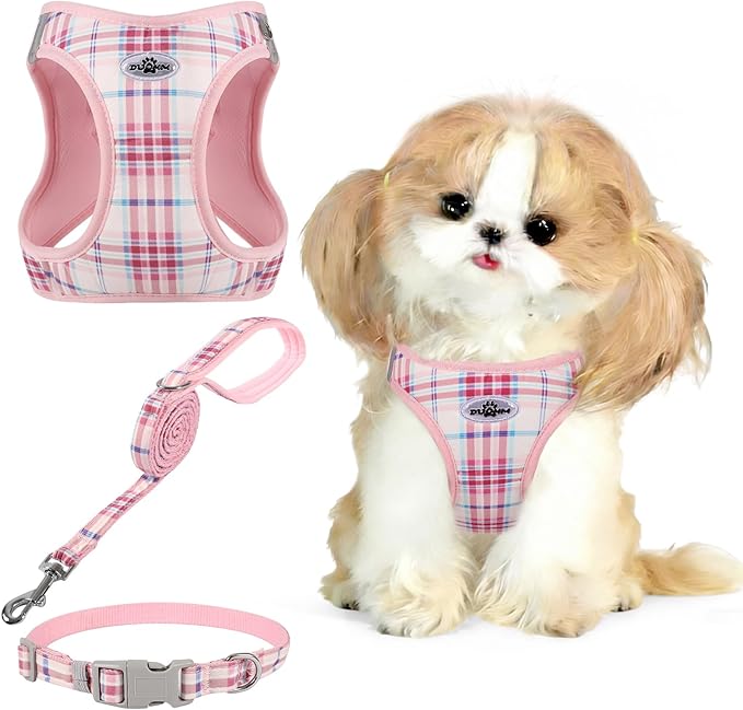 Gyuzh Small Dog Harness and Leash Set for Puppy & Kitten - 3-in-1 No Pull Step in Vest Collar, Lightweight Reflective Plaid, Padded Handle (Pink, XS)