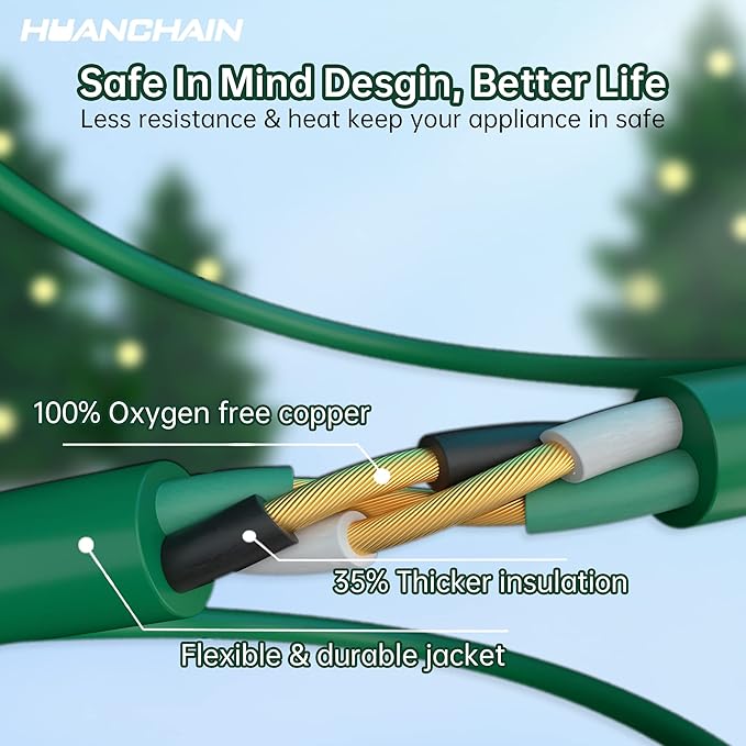 HUANCHAIN Indoor Outdoor Green Extension Cord 15 ft Waterproof, 16/3 Gauge Flexible Cold-Resistant Appliance Extension Cord Outside, 13A 1625W 16AWG SJTW, 3 Prong Electric Cable, ETL