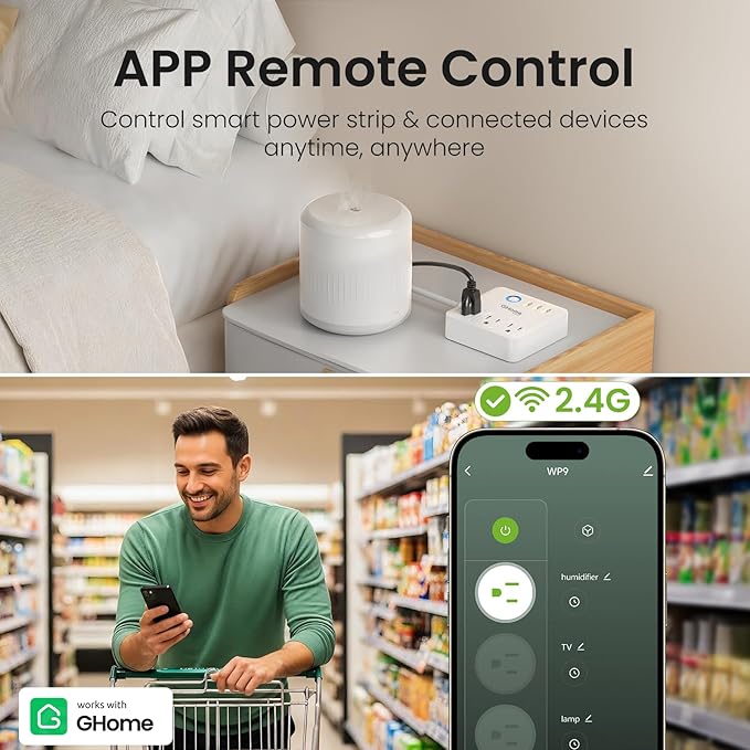 GHome Smart Power Strip Surge Protector 10A, Smart Plug that Works with Alexa & Google Home, 6 in 1 WiFi Outlets with APP Control, White Extension Cord 2.4G WiFi Only, ETL FCC Listed, No Hub Needed