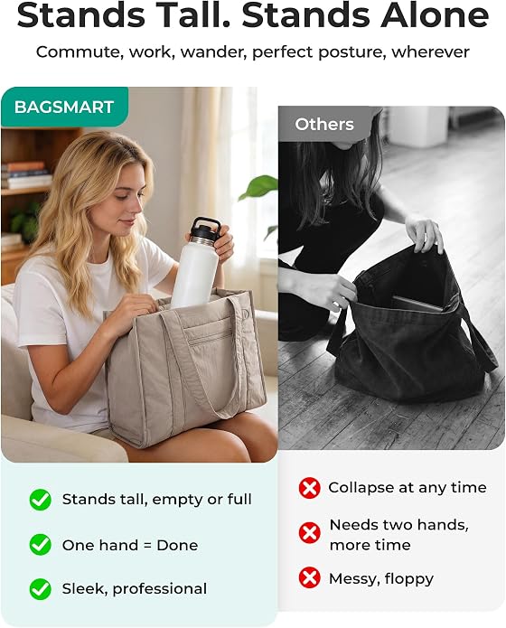 BAGSMART Boxy Tote Bag for Women, Crossbody Work Bag with Zipper | 3 Sizes Small Mini Tote Bag, Inner Tumbler Pocket Crush Bow Should Bag for Travel Work College