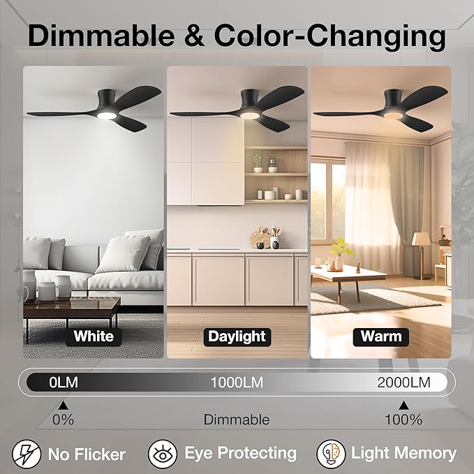52” Smart Wood Low Profile Ceiling Fan with Lights Remote,Quiet DC Motor,Outdoor Indoor Flush Mount Ceiling Fans Controlled by WIFI Alexa App,Modern Black for Bedroom Living Room Patio Porch
