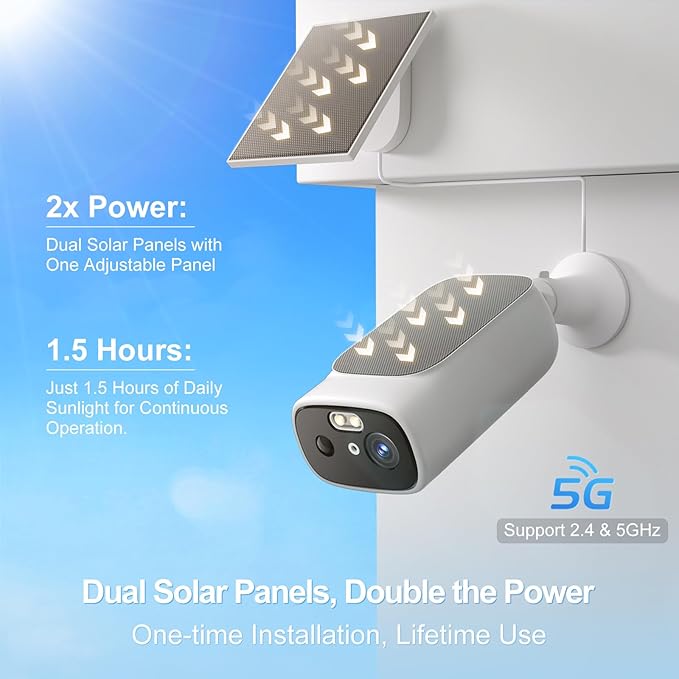 2K Solar Security Cameras Wireless Outdoor-2.4/5Ghz WiFi Cameras for Home Security, AI Motion Detection, Color Night Vision, SD Card/Cloud Storage, Waterproof, Work with Alexa/Google Home (4 Cameras)